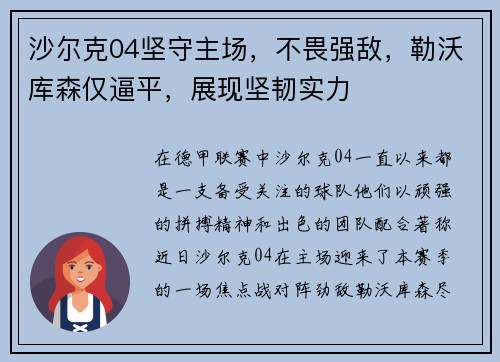 沙尔克04坚守主场，不畏强敌，勒沃库森仅逼平，展现坚韧实力