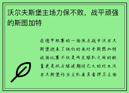 沃尔夫斯堡主场力保不败，战平顽强的斯图加特